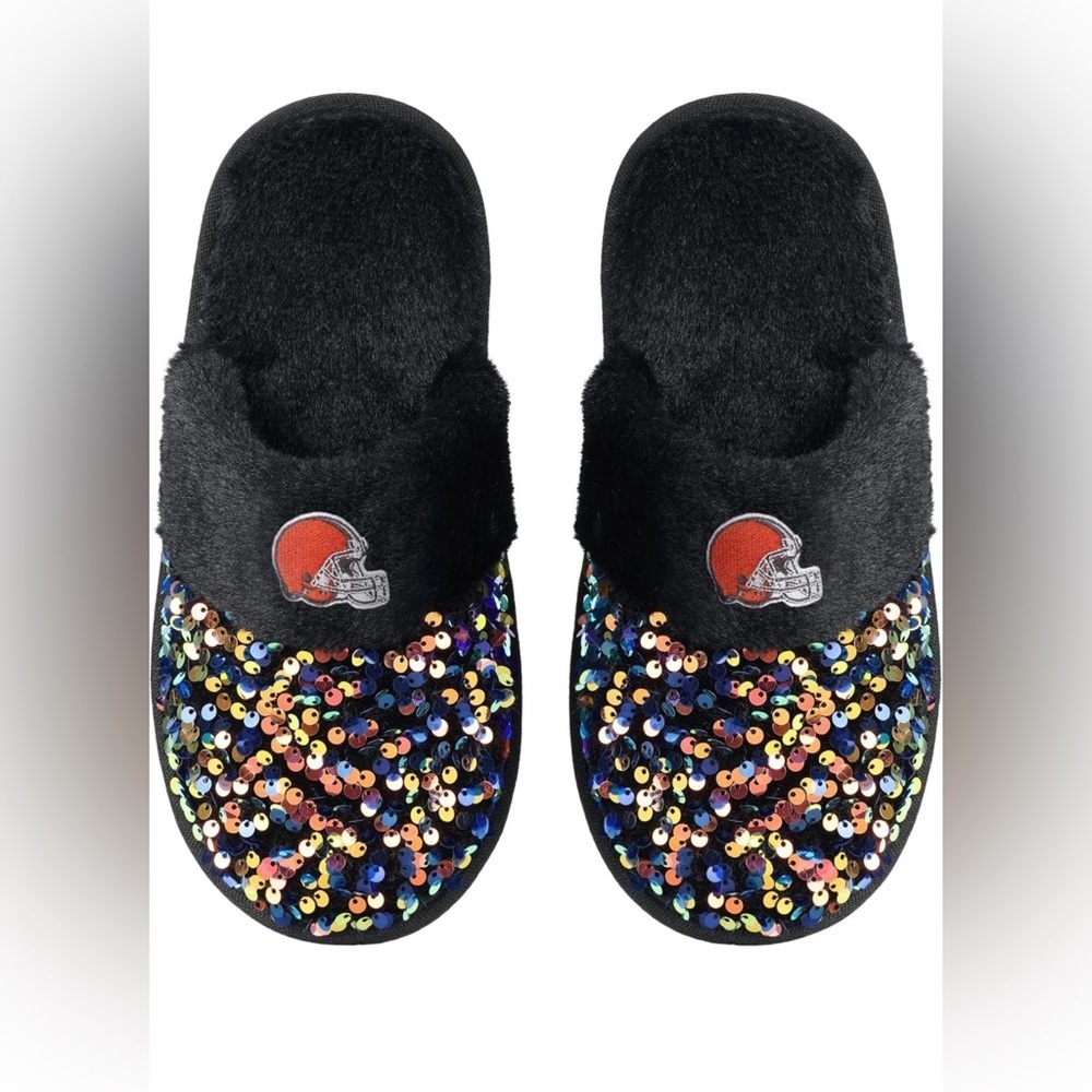 FOCO Women's Cleveland Browns NFL Team Logo Ladies Sequin Fashion Slippers - Picture 2 of 7